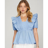Model Wearing a Light Blue Pintuck Yoke Ruffle Sleeve Top