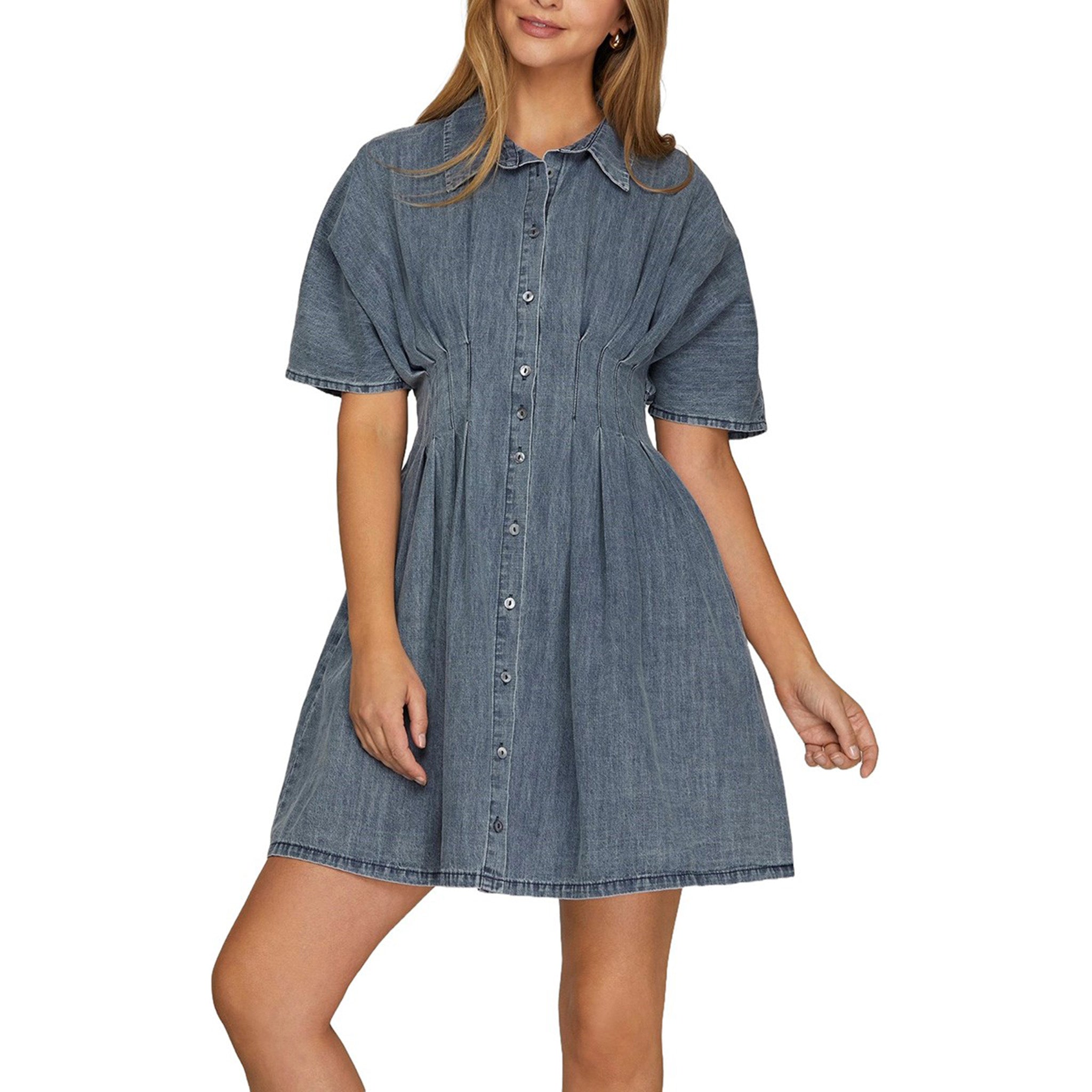 Dolly Pintuck Denim Short Sleeve Dress Dolly Pintuck Denim Short Sleeve Dress