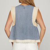 Light Blue With Crochet Trim Short Sleeve Top