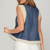 Chambray Denim With Crochet Trim Short Sleeve Top