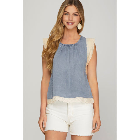 LIGHT BLUE  DENIM SLEEVELESS WASHED CHAMBRAY TOP WITH LACE