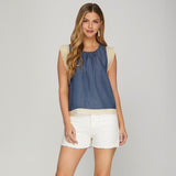  DENIM BLUE SLEEVELESS WASHED CHAMBRAY TOP WITH LACE