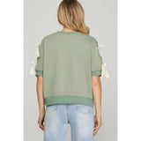 Seafoam Short Sleeve Top with Cream Accent Bows