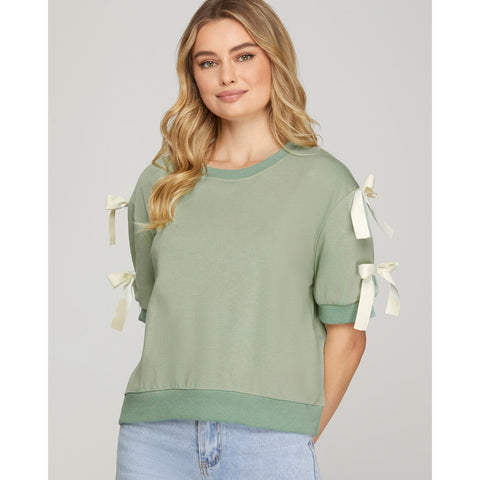 Seafoam Short Sleeve Top with Bow Accents on the Sleeves