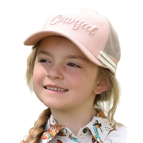Little girl wearing light pink cap that has two white stripes on the sides and embroidered "Cowgal" on the front. 