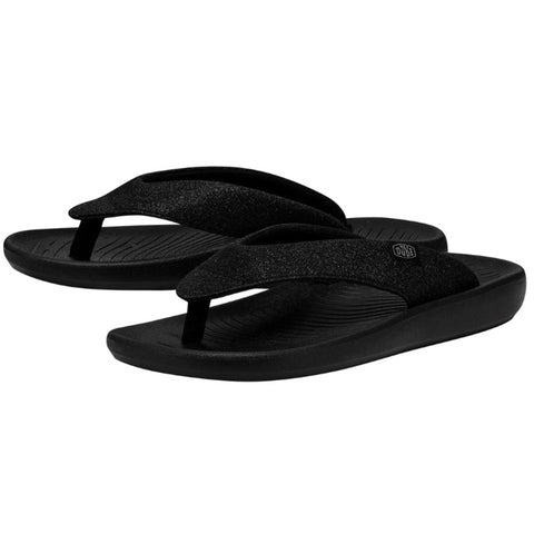 A pair of black, open-toed sandals by HEYDUDE. The background is white.