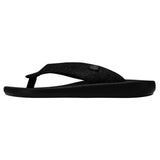 A side angle of a black, open-toed sandal. The background is white.