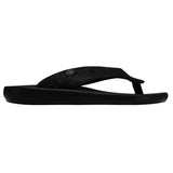 A black, open-toed sandal pictured from the side. Its toe points to the right.