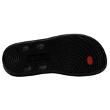 The outsole of a sandal. This outsole is completely black with a small red insert that features HEYDUDE's logo. The background is white.