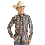 Rock & Roll Cowboy Navy/Brown Aztec Long Sleeve Shirt