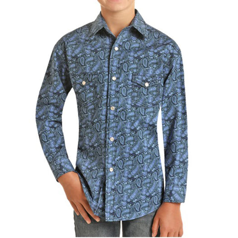Rock & Roll Cowboy Kids Blue Paisley Long Sleeve Shirt