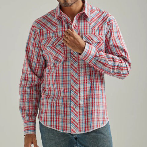 Wrangler Blue and Red Plaid Long Sleeve Shirt