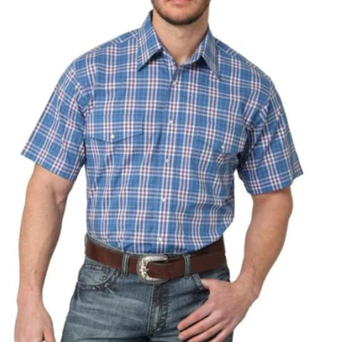 Wrangler Blue Plaid Winkle Resistant Short Sleeve Shirt