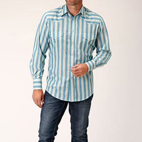 Roper Men's Aqua/Cream Striped Shirt