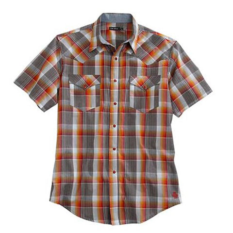 MENS SHORT SLEEVE WESTERN SNAP SHIRT IN GREY & RUST PLAID