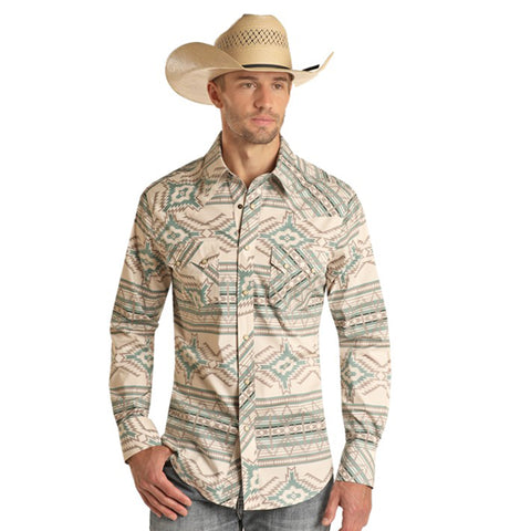 Rock & Roll Cowboy Cream/Teal/Brown Aztec Long Sleeve Shirt