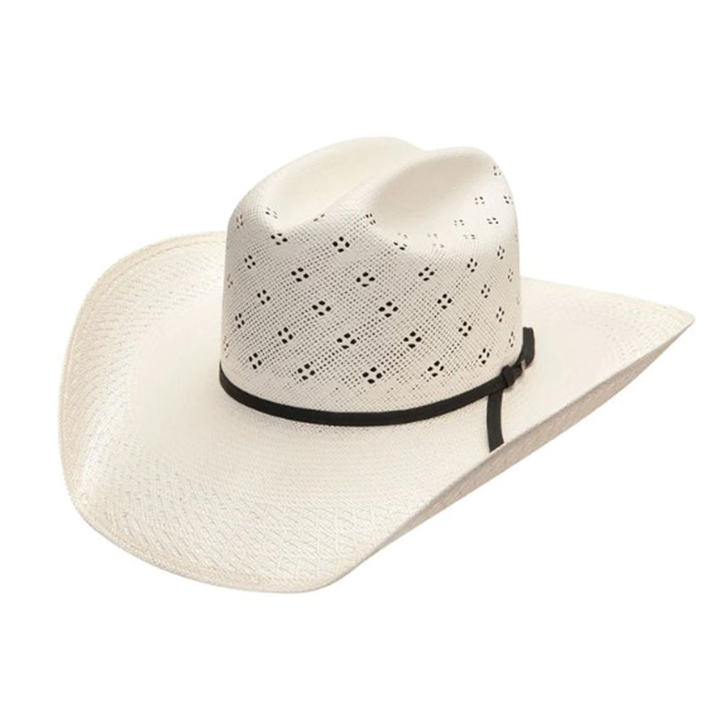 Side view of white straw cowboy hat with black hat band. 