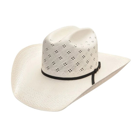 Side view of white straw cowboy hat with black hat band. 