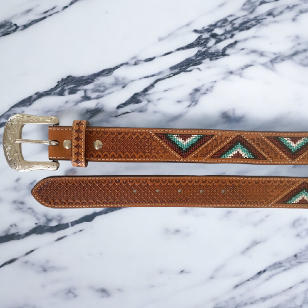 Handmade Western Cowboy Belt - 1 3/4" Wide, Tooled Leather With Bead & Concho Accents, Made In Mexico