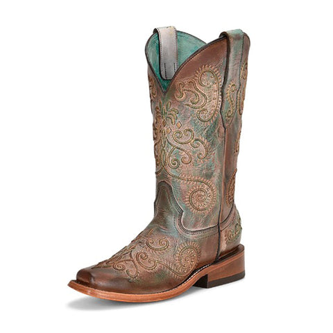 Corral Women's Turquoise/Brown Embossed Studs Square Toe Boots
