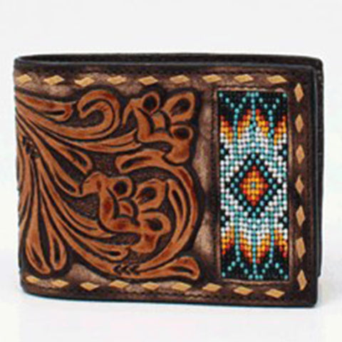 Tooled Leather & Beaded Bifold Wallet