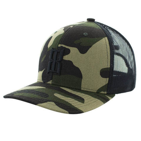 Camo kids Bex Cap with black mesh back and black logo on the front.