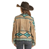 Turquoise and Tan Aztec Fringe Berber Jacket
