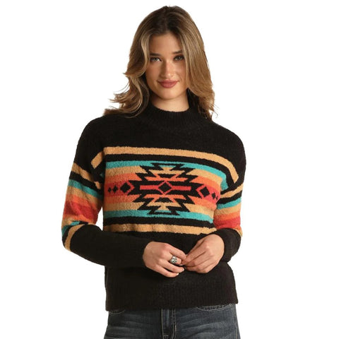 Panhandle Slim Women's Black Aztec Mock Neck Sweater