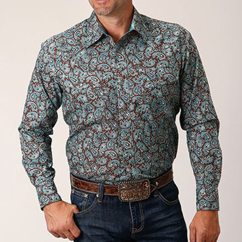 Roper Men's Turquoise Brown Paisley Shirt