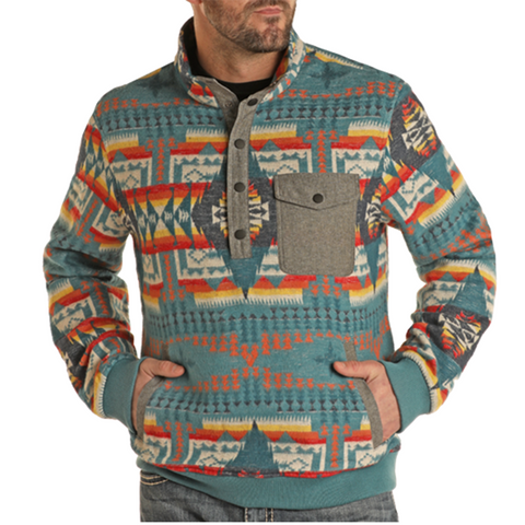 teal aztec pullover. with front pockets