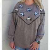 Rowdy Crowd Women's Grey with Sequins Bronc Fringe Sweater