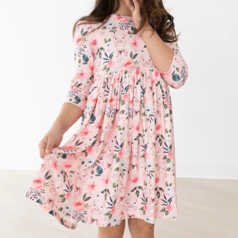 Mila & Rose Girl's Pink Pig Flower Dress