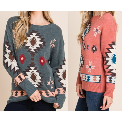 Aztec Weave Long Sleeve Knit Sweater