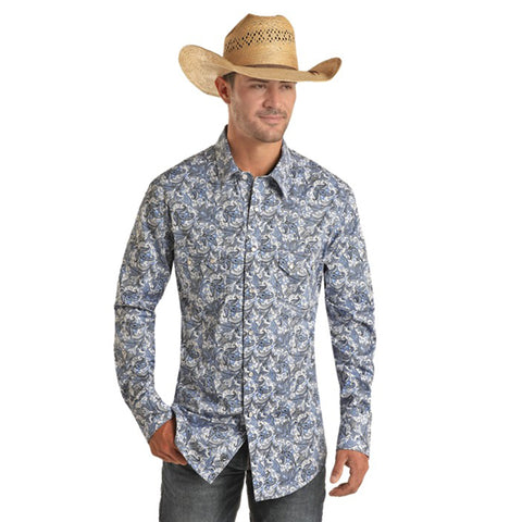 Men's Blue Paisley 2 Pocket Long Sleeve Shirt