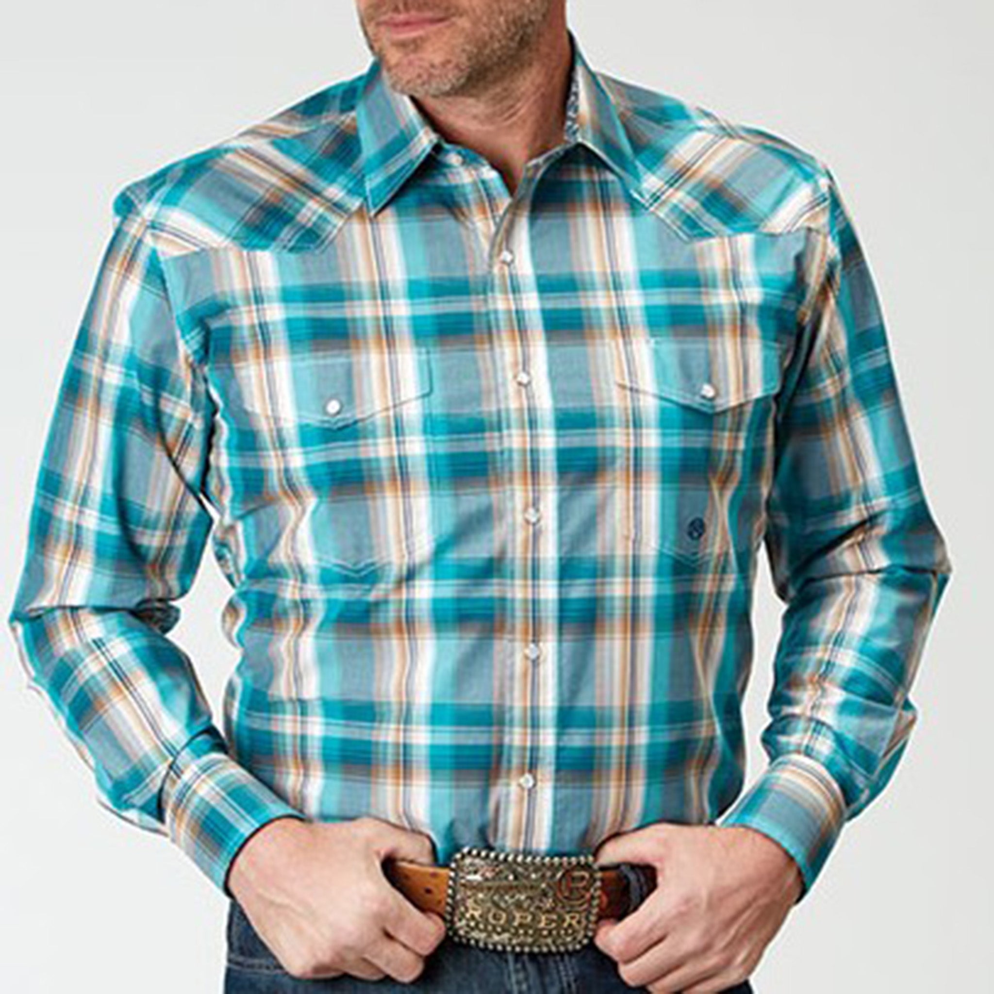 Roper Men's Multi Turquoise Plaid Shirt Roper Men's Multi Turquoise Plaid Shirt