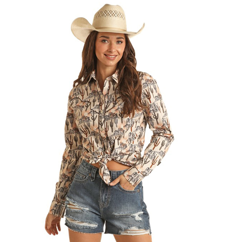 Panhandle Women's Desert Scene Long Sleeve Snap Shirt