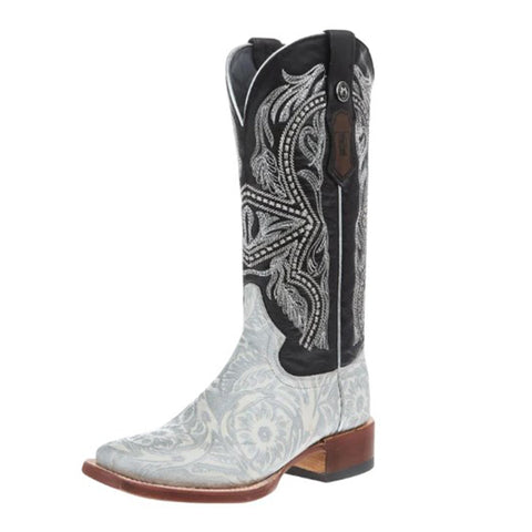 Tanner Mark Women's Hand Tooled White Silver & Black Boots