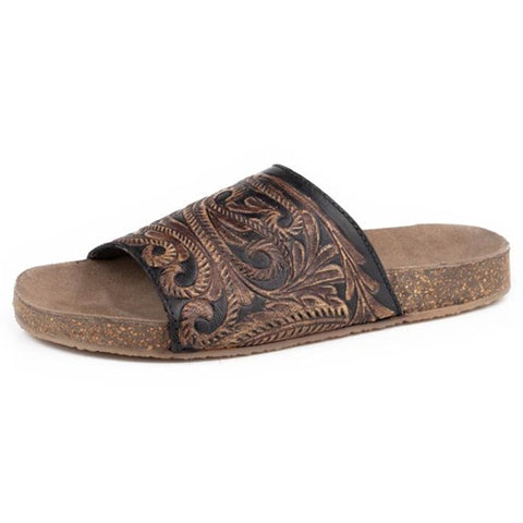 Roper Women's Black & Brown Tooled Sandal