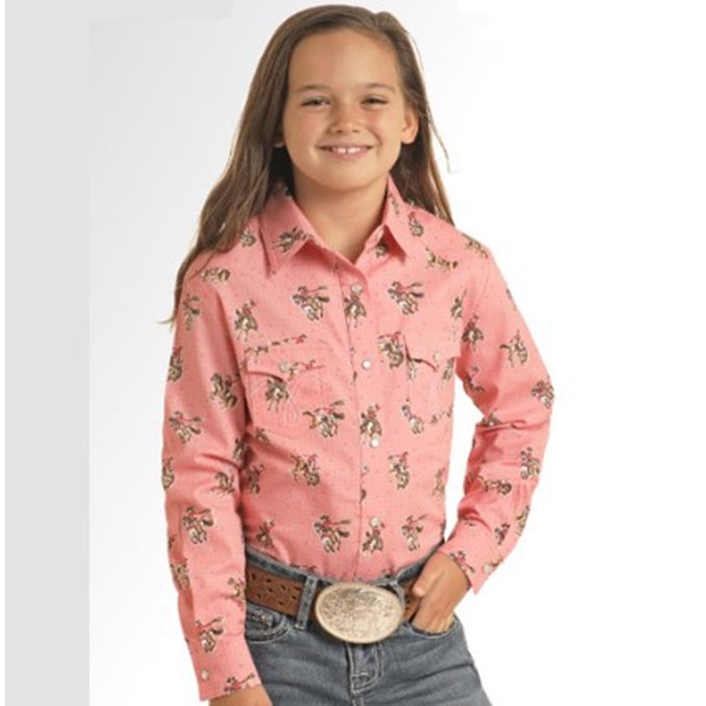 Panhandle Slim Girl's Pink Bronc Dot Long Sleeve