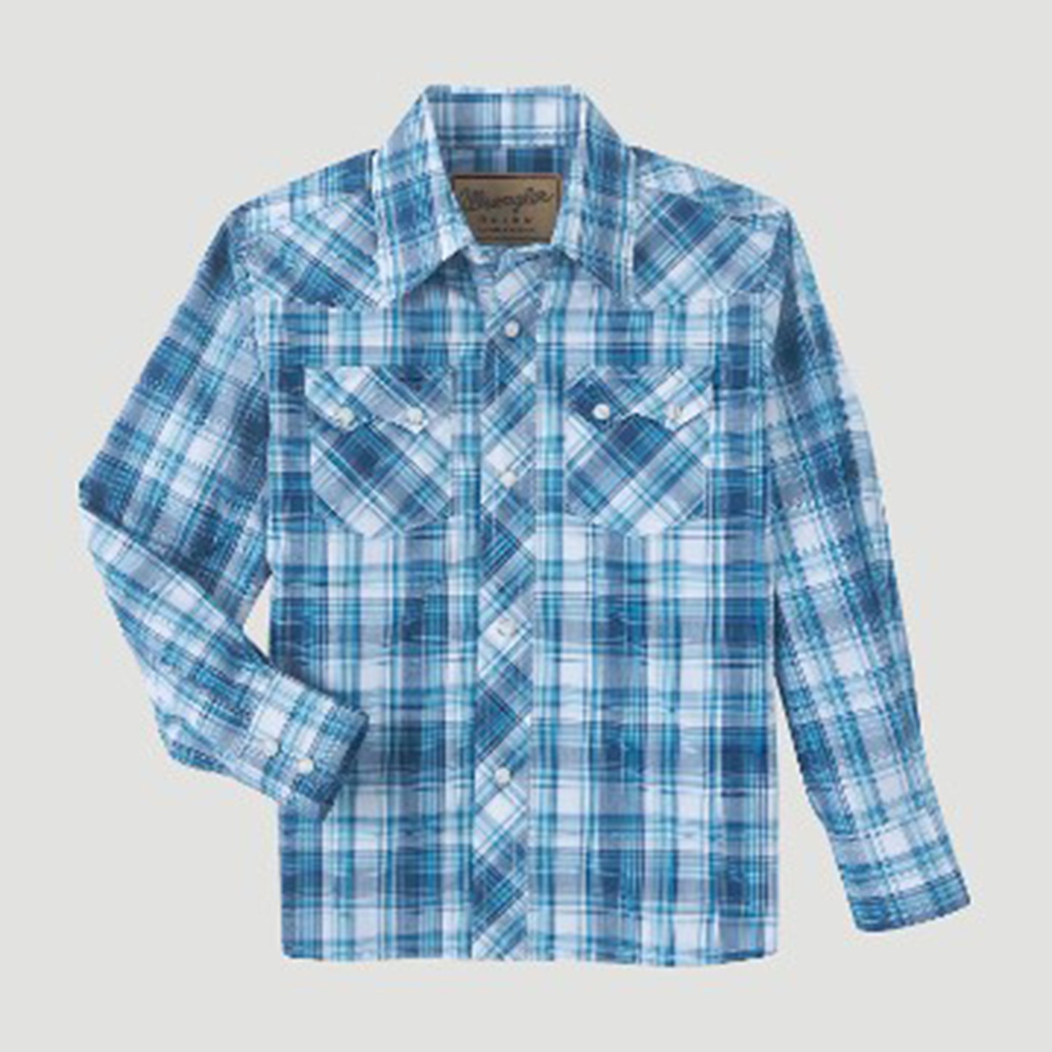 Wrangler Boy's Blue & White Plaid Long Sleeve Wrangler Boy's Blue & White Plaid Long Sleeve