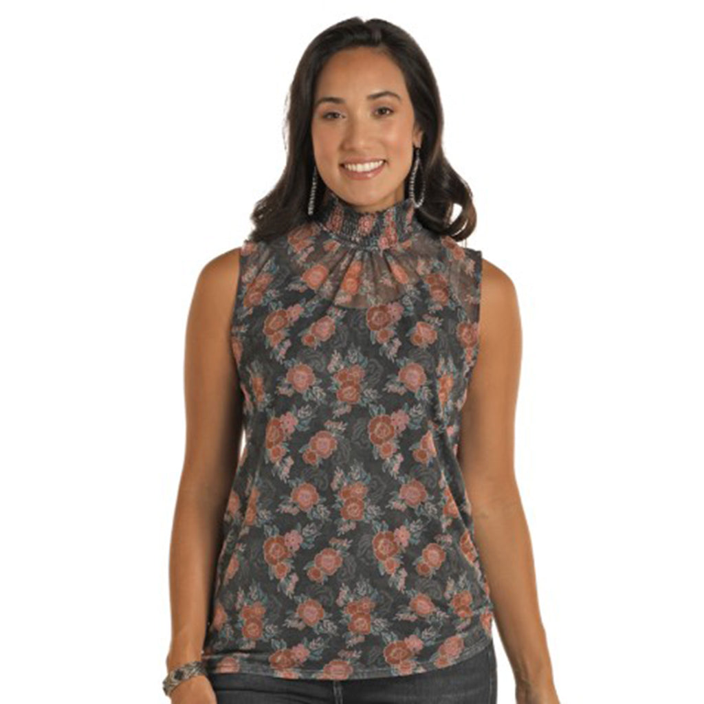 Panhandle Women's Black Mesh Rose Smock Tank