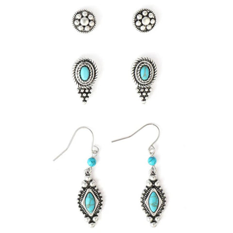 And West Silver & Turquoise Stone Earrings Set