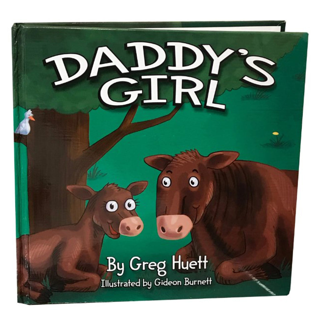 Daddy’s Girl children’s book cover featuring Scarlett the red Angus calf, illustrated by Gideon Burnett, with farm-themed background.