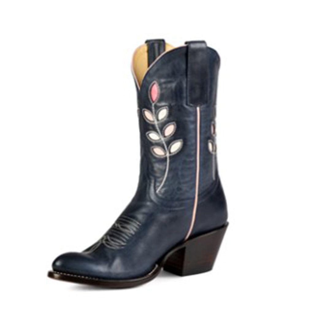 Dark blue pointed to e booties with pink flower detailing.