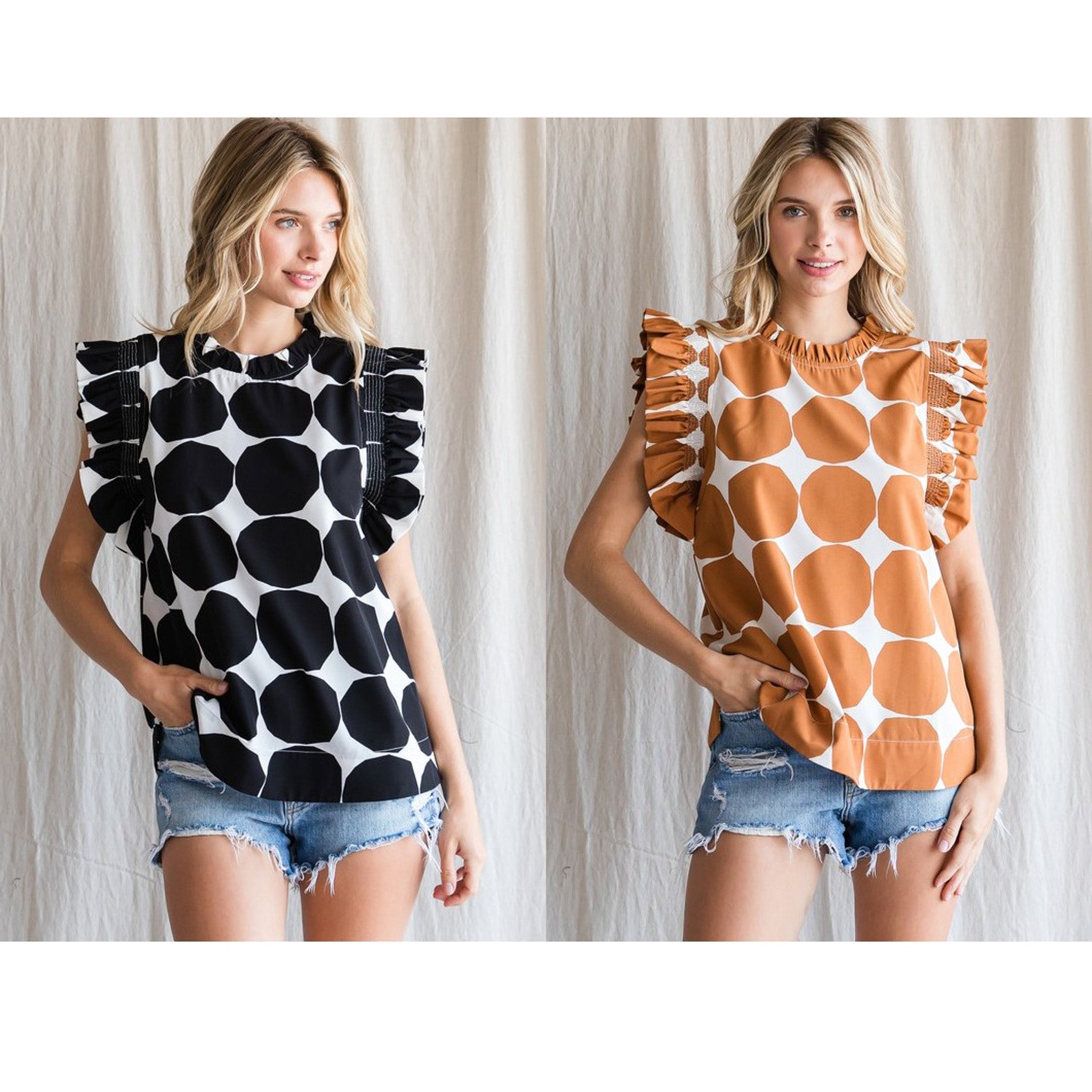 Jodifl Women's Large Dot Print Ruffle Sleeve Top Jodifl Women's Large Dot Print Ruffle Sleeve Top
