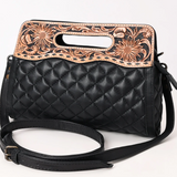quilted black leather bag with tooled leather at the top of the bag 