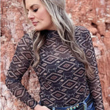 Women's Black Aztec Steer Mesh Long Sleeve