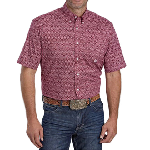 Red Geo Print Button Down Short Sleeve Shirt with Single Pocket