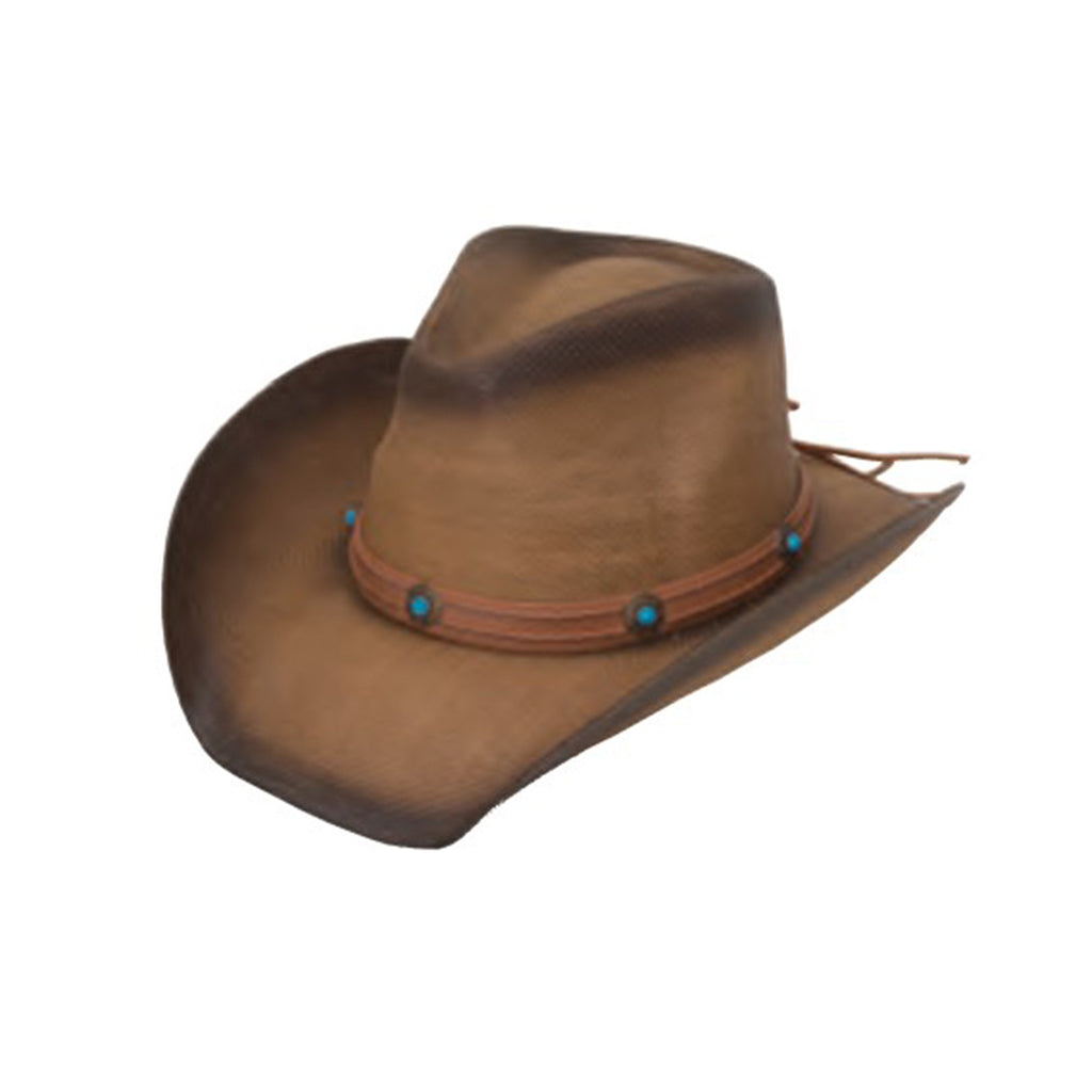  ANTIQUE TOYO WESTERN HAT
W/TURQUOISE MEDALLIONS ON 
FAUX LEATHER BAND