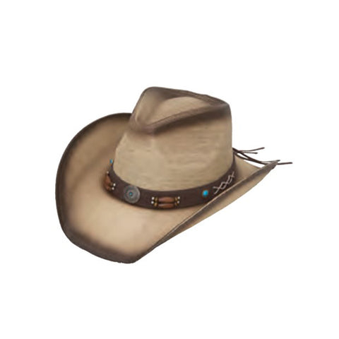  ANTIQUE TOYO WESTERN STRAW HAT
W/TURQUOISE MEDALLIONS & 
BEADS ON FAUX LEATHER BAND